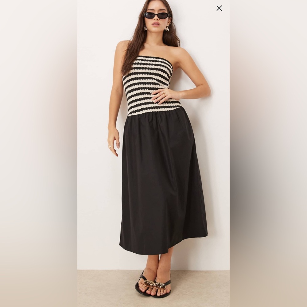 Mango Black/White Striped Strapless Drop Waist Maxi Dress